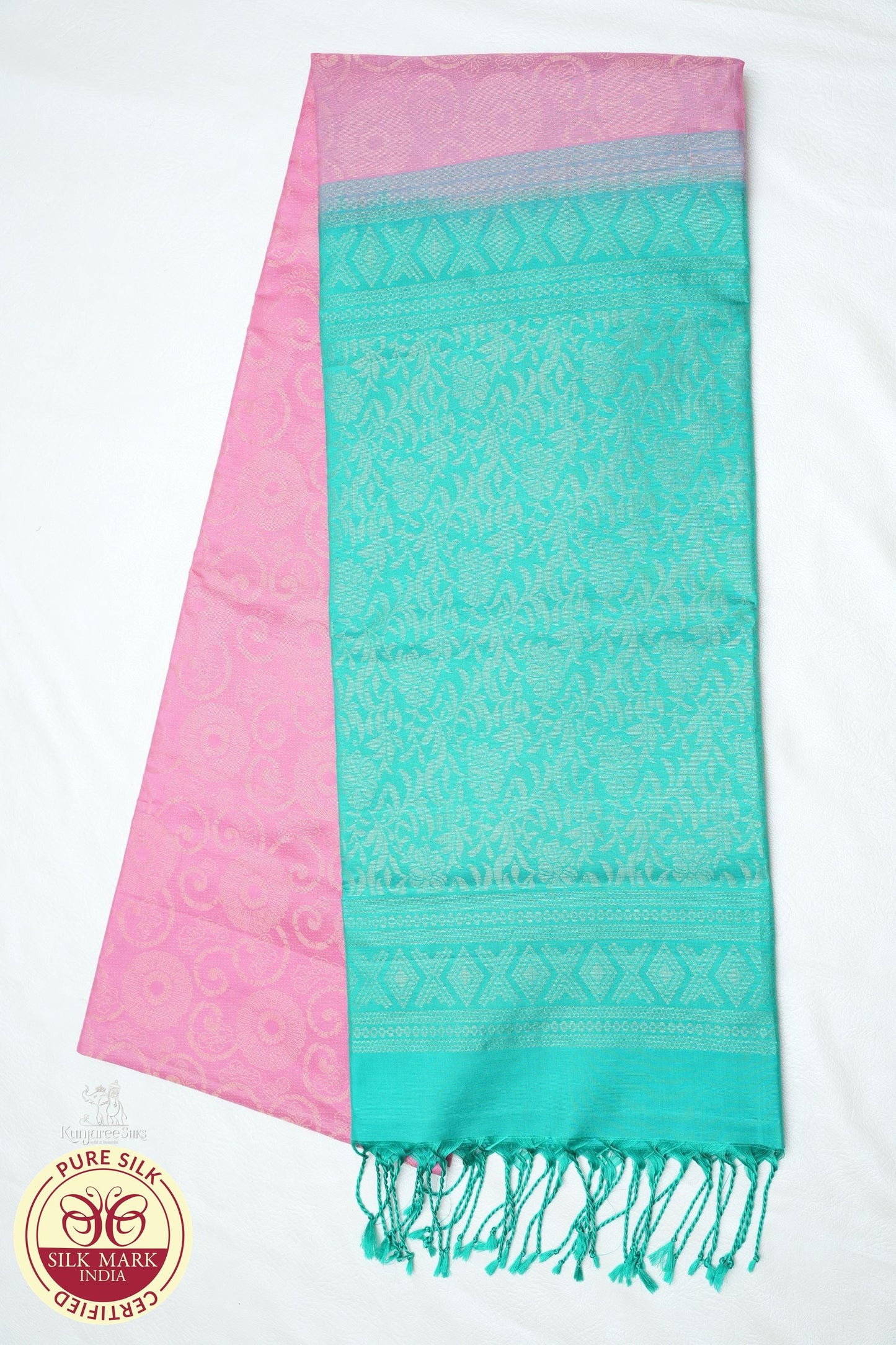 Baby Pink with Bluish Green Color Pure Silk Saree