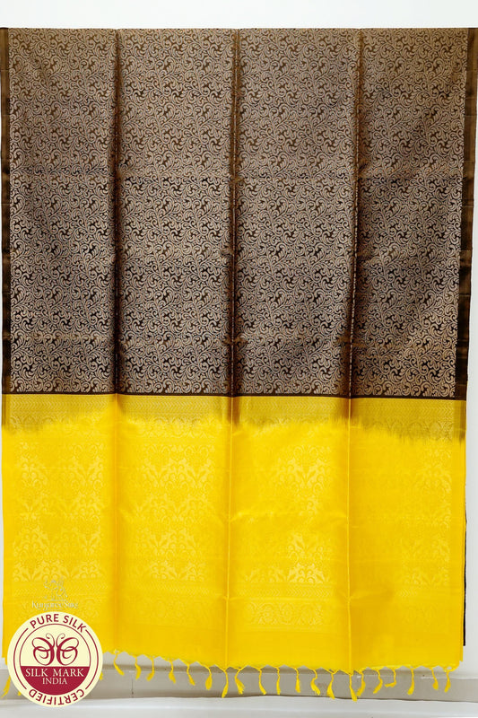 Brown Grey with Lemon Yellow Color Pure Silk Saree