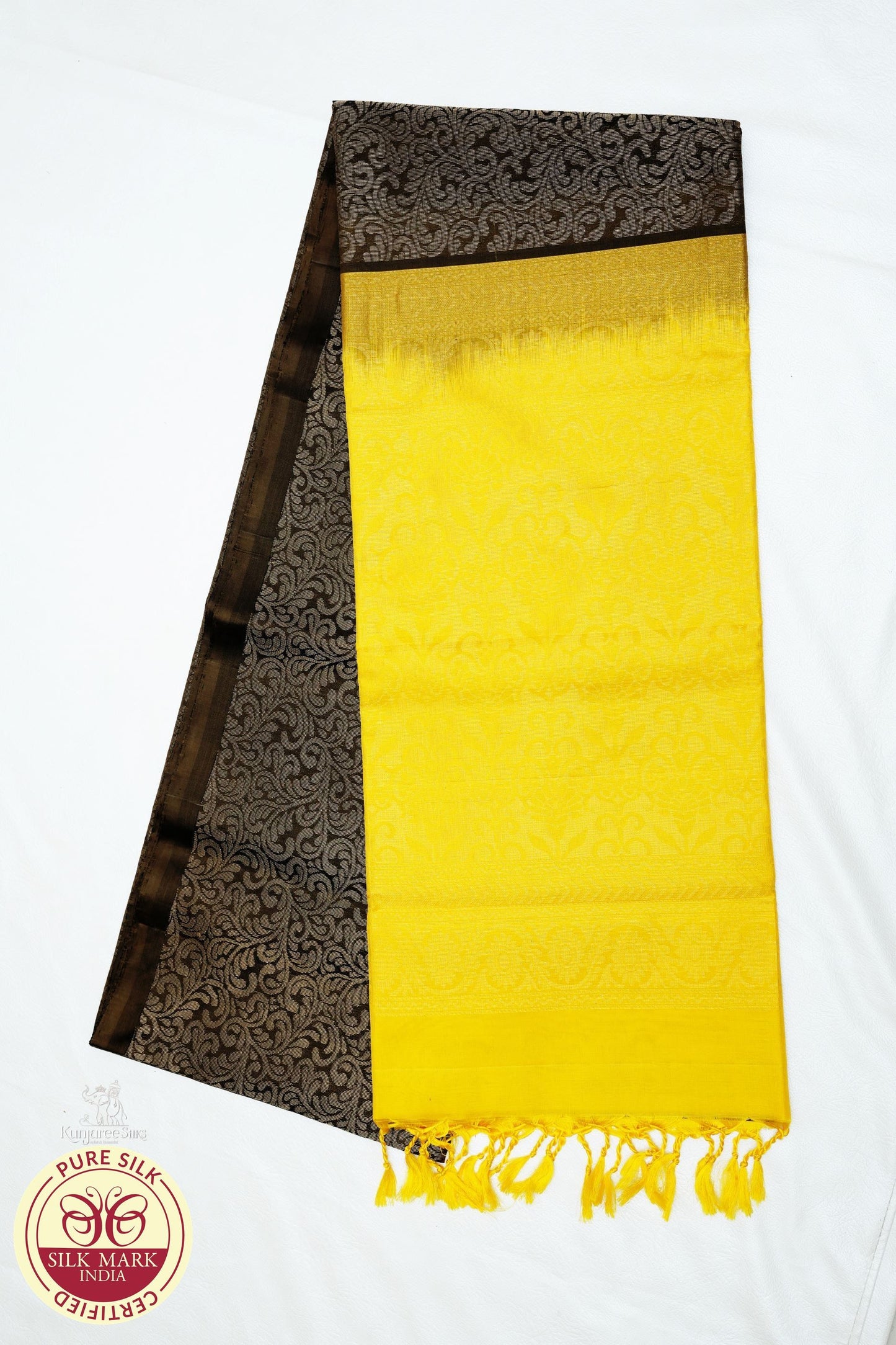 Brown Grey with Lemon Yellow Color Pure Silk Saree