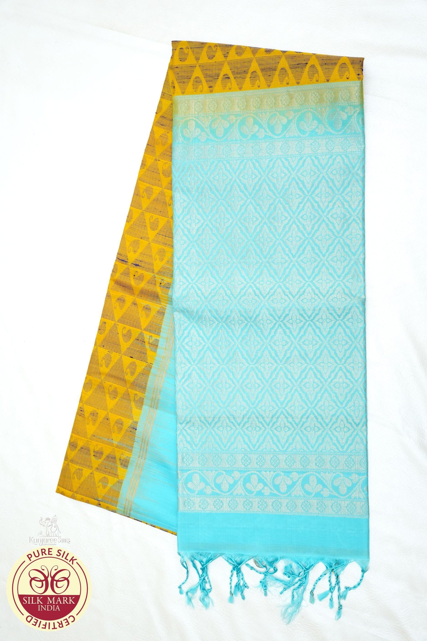 Mustard Yellow with Sky Blue Color Pure Silk Saree