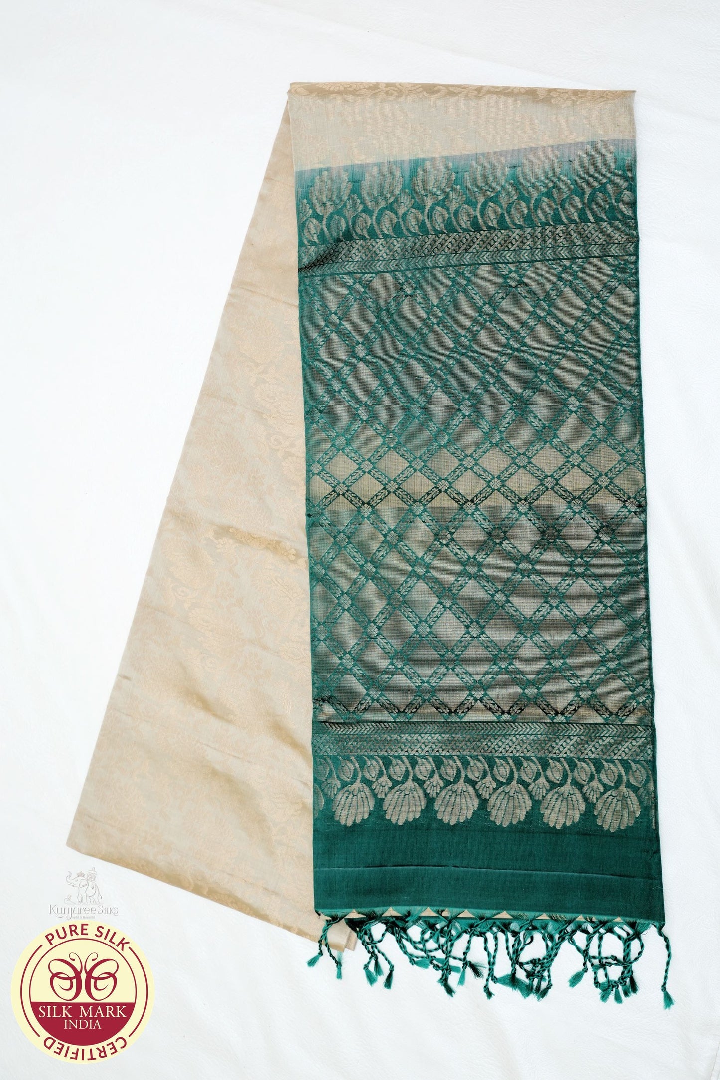 Golden with Bottle Green Color Pure Silk Saree