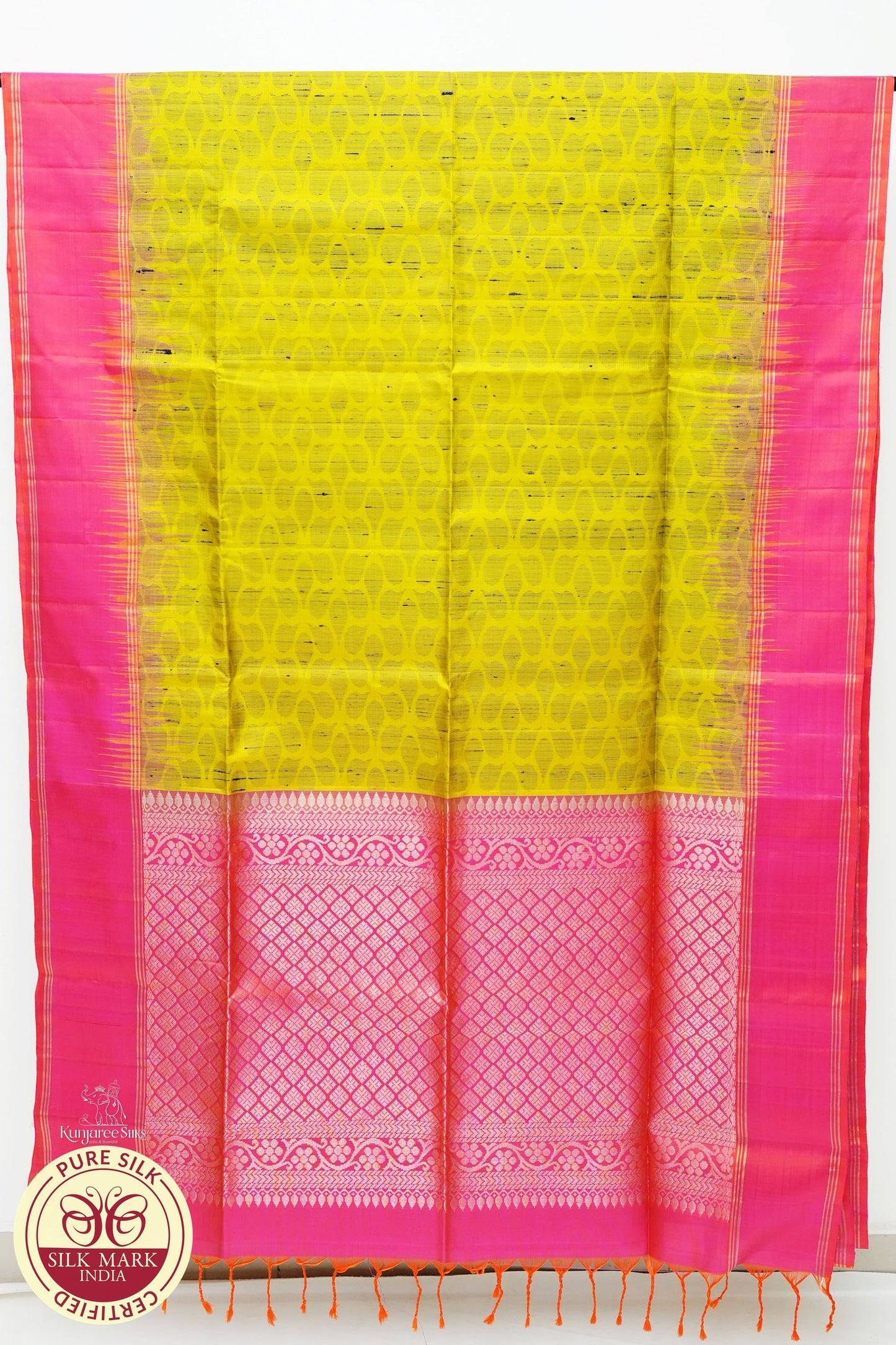 Mustard Yellow with Pink Color Pure Silk Saree