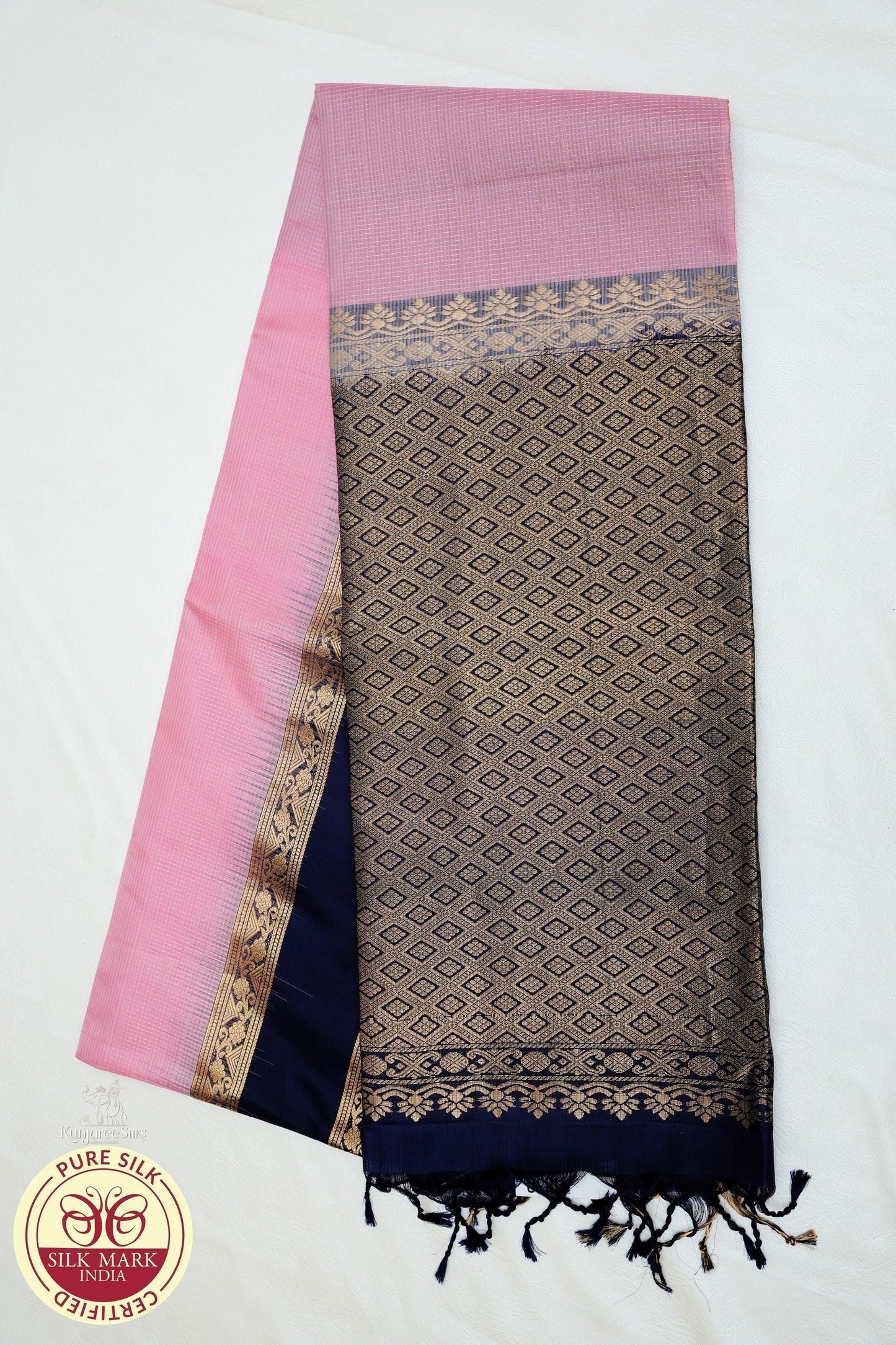 Pure Silk Handloom Soft Silk Saree – Baby Pink with Royal Blue Zari Border
