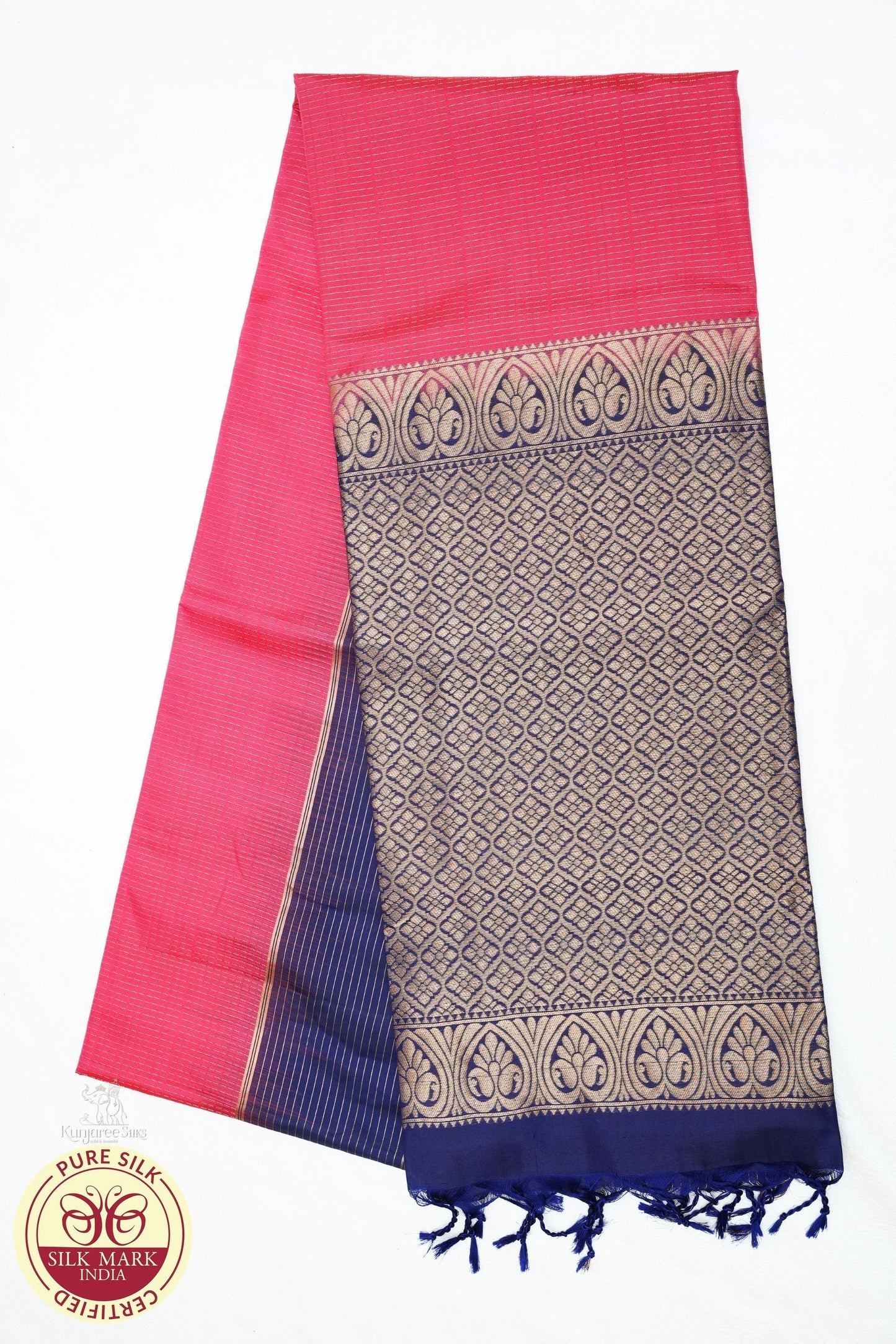Pure Silk Handloom Soft Silk Saree – Coral Pink with Royal Blue Zari Border
