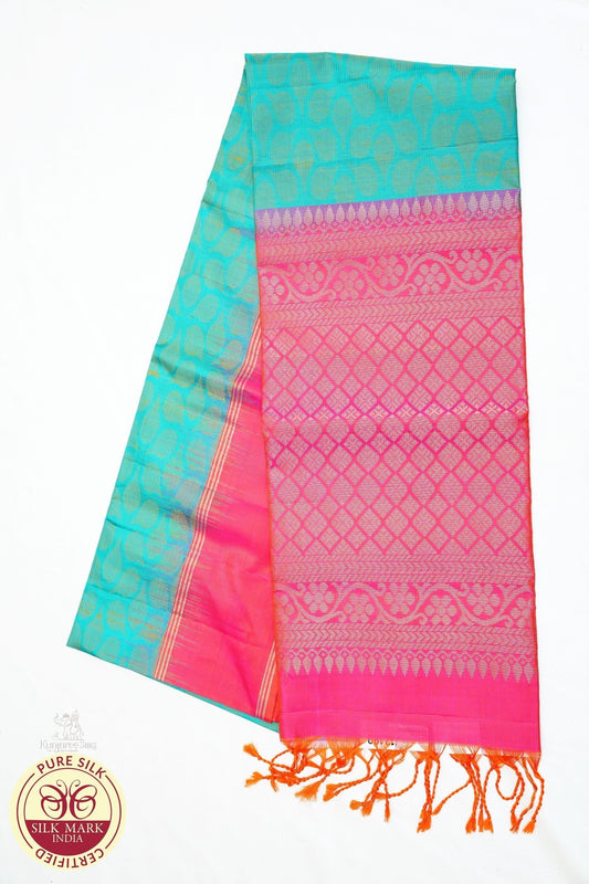 Turquoise Blue & Rani Pink Pure Silk Handloom Soft Silk Saree
