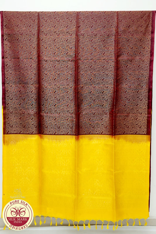 Brown with Lemon Yellow Color Pure Silk Saree