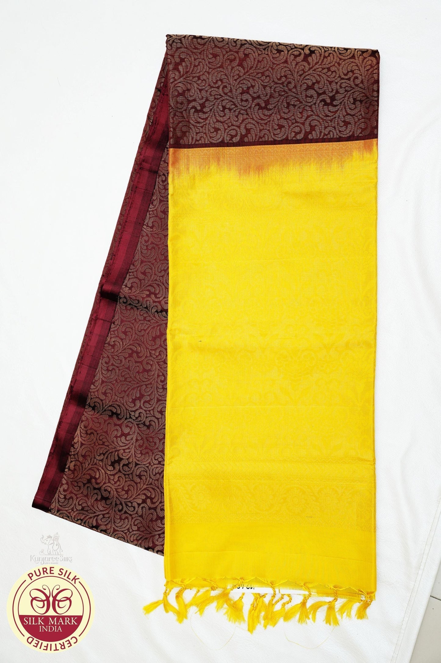 Brown with Lemon Yellow Color Pure Silk Saree