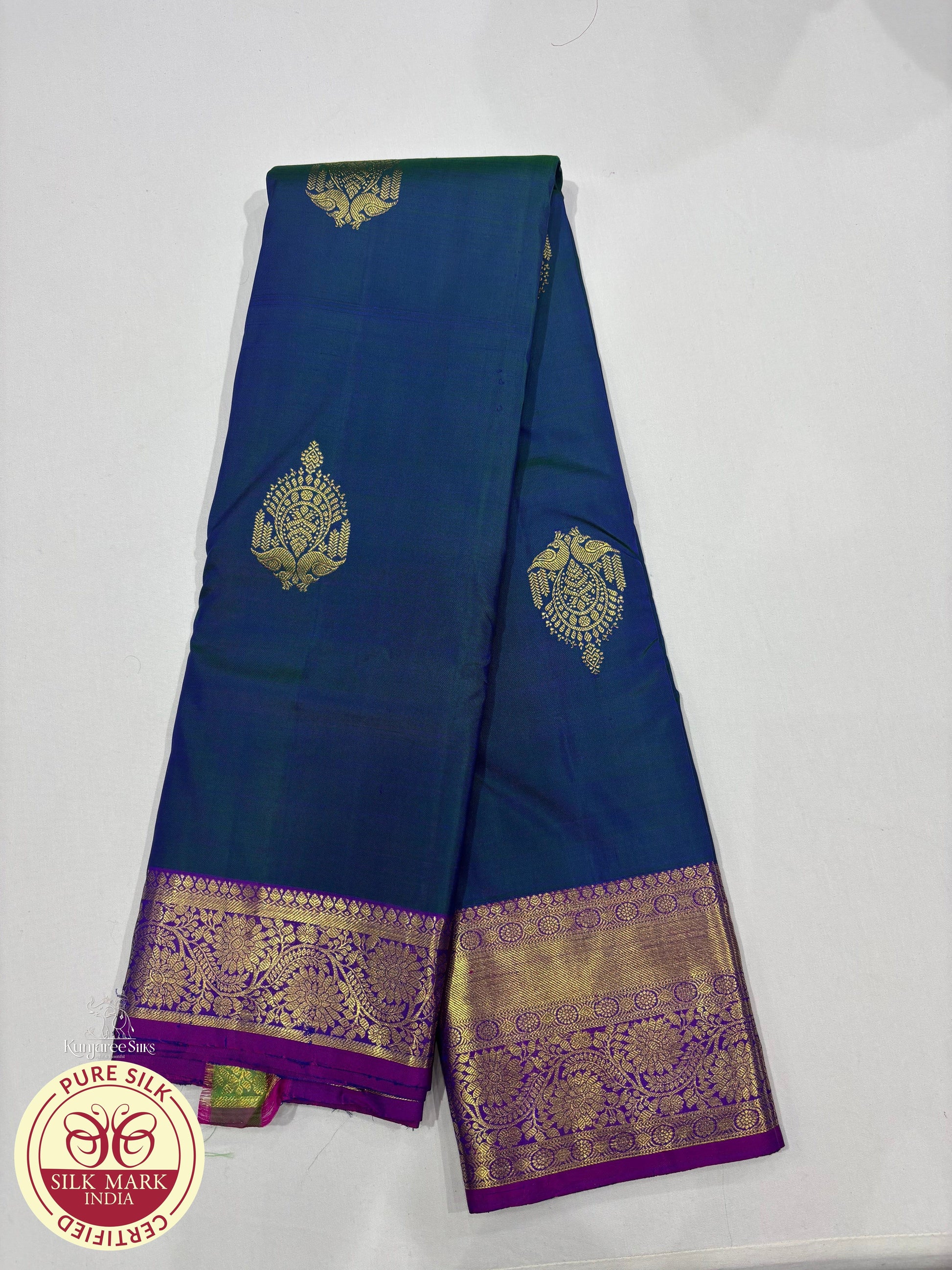 Dual Greenish Blue with Magenta Color Kanjivaram Pure Silk Saree