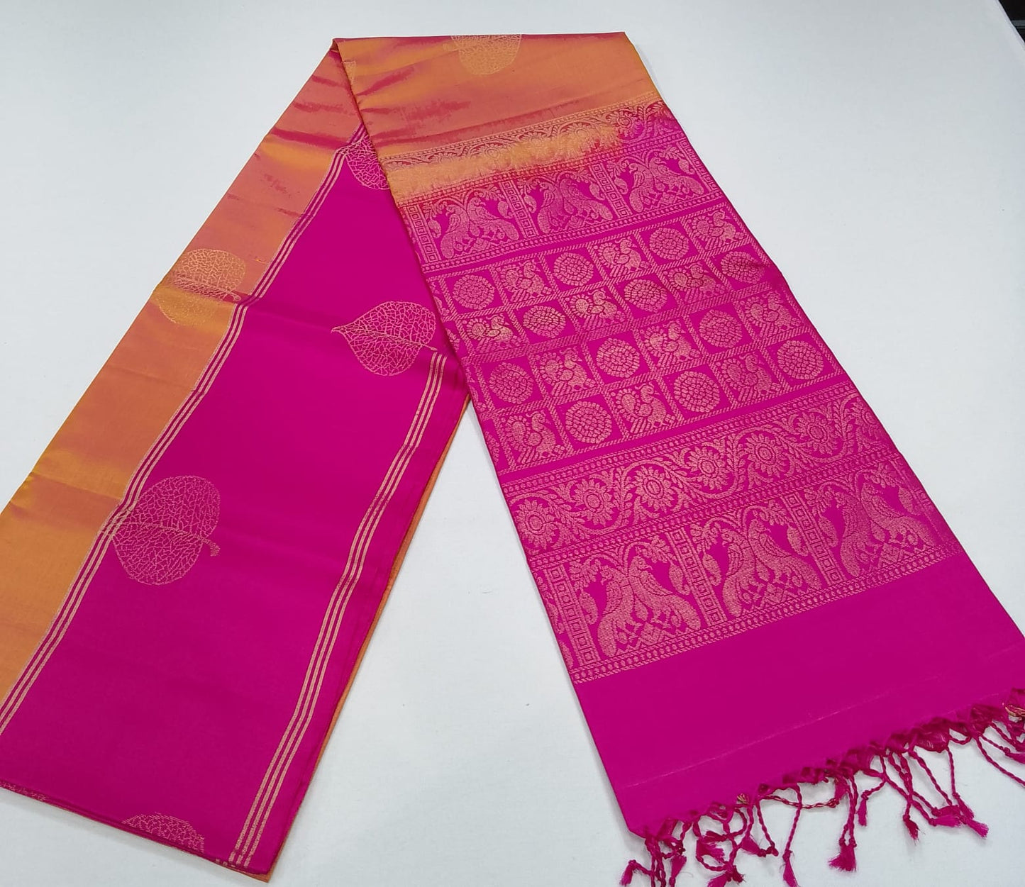 Pure Handloom Dual Tone Soft Silk Saree – Golden Mustard & Rani Pink