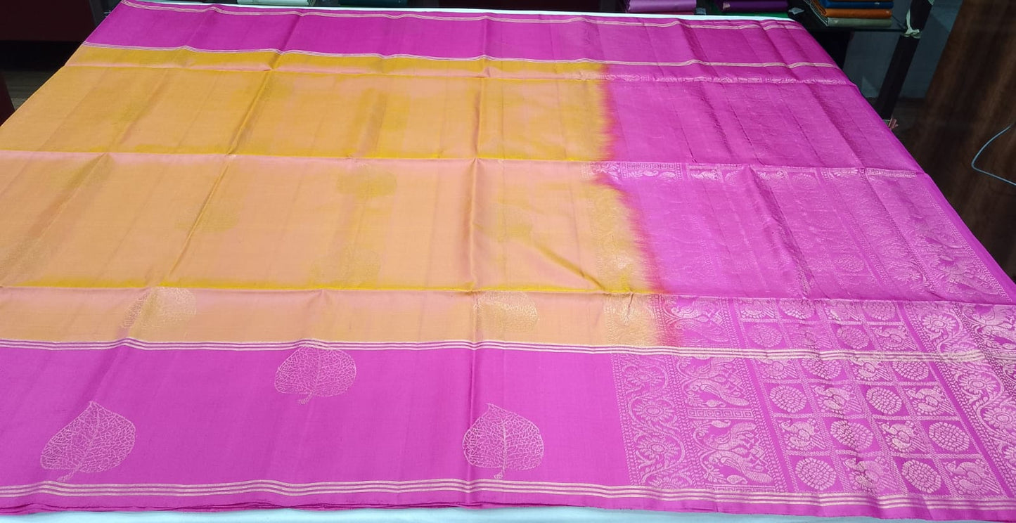 Pure Handloom Dual Tone Soft Silk Saree – Golden Mustard & Rani Pink