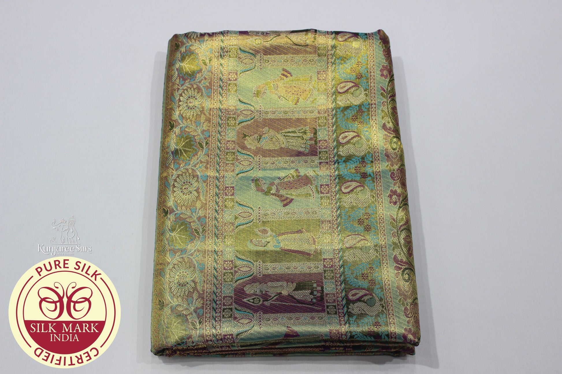 4D with Purple, Teal Blue, Gold and Rani Color Meenakari Kanjivaram Pure Silk Saree