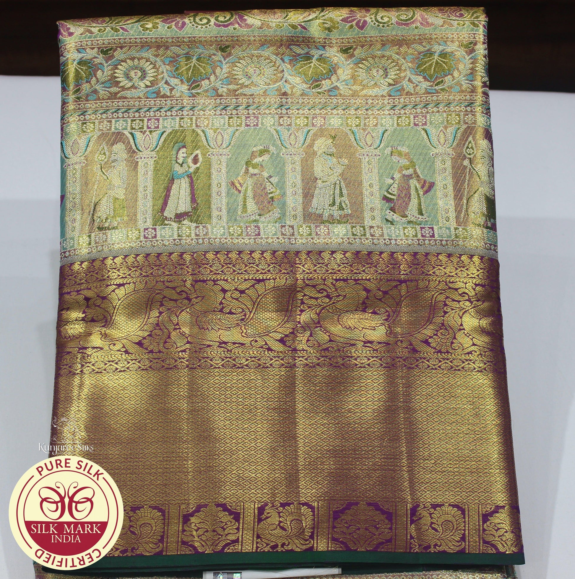4D with Purple, Teal Blue, Gold and Rani Color Meenakari Kanjivaram Pure Silk Saree