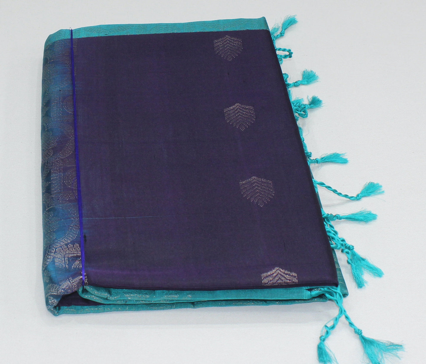 Royal Purple & Aqua Blue Pure Silk Handloom Saree with Silver Zari Floral Border