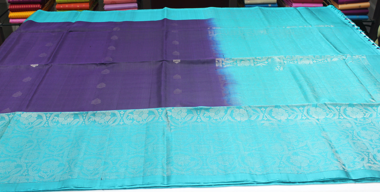 Royal Purple & Aqua Blue Pure Silk Handloom Saree with Silver Zari Floral Border