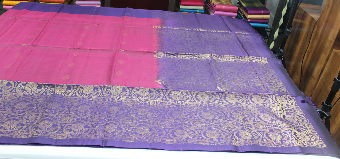 Rani Pink & Royal Purple Pure Soft Silk Handloom Saree with Rich Zari Floral Border
