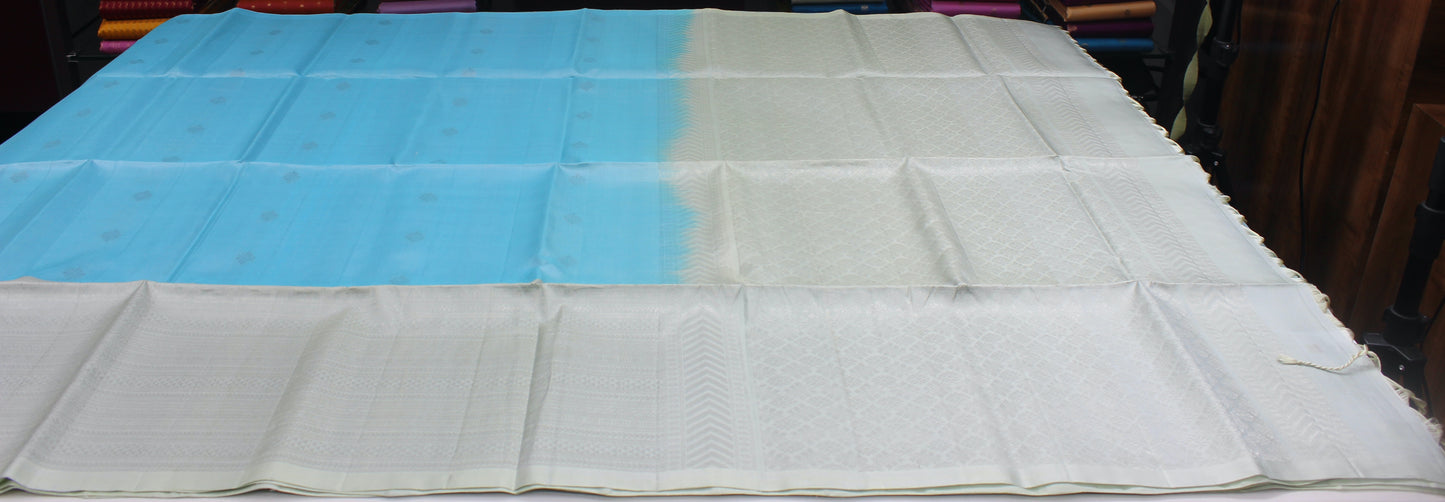 Sky Blue & Pearl White Pure Silk Handloom Saree with Rich Self Weaving