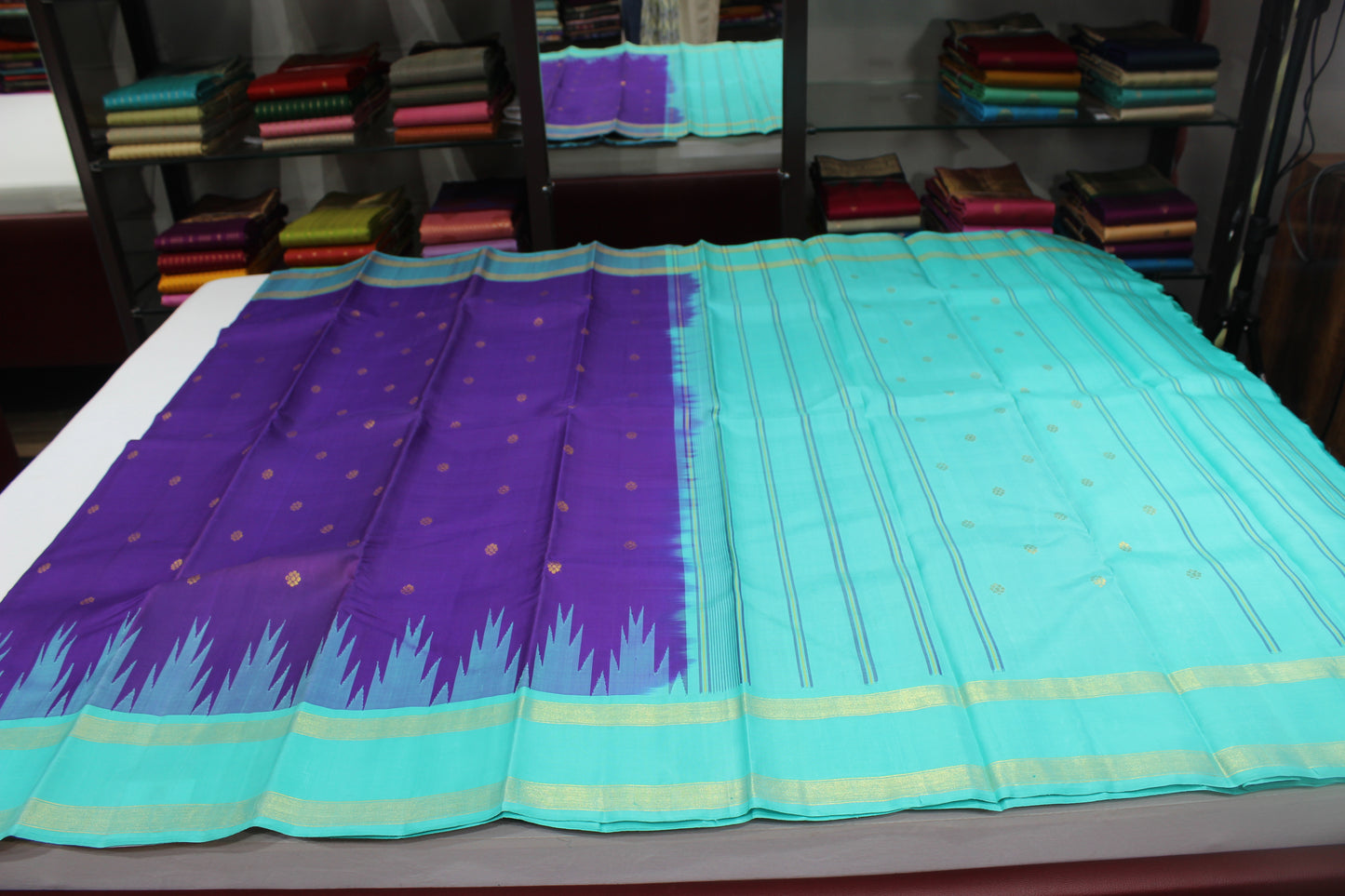 Blue & Aqua Light Blue Pure Silk Handloom Saree with Temple Border