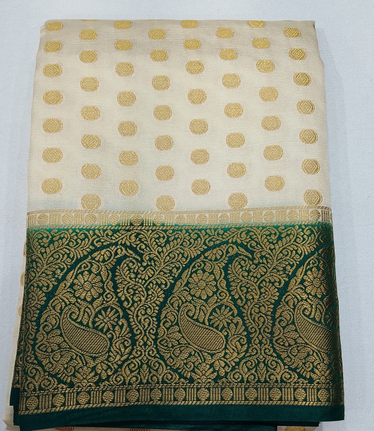 Semi Silk Butta Saree – Ivory Cream with Emerald Green Rich Zari Border & Grand Pallu