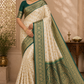 Semi Silk Butta Saree – Ivory Cream with Emerald Green Rich Zari Border & Grand Pallu