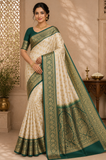 Semi Silk Butta Saree – Ivory Cream with Emerald Green Rich Zari Border & Grand Pallu