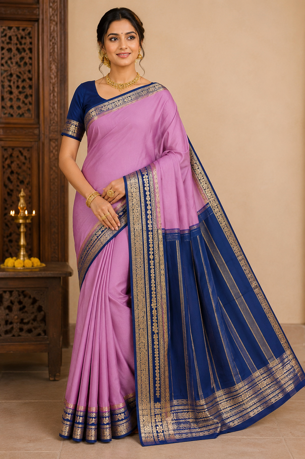 Mysore Silk Saree in Orchid Pink with Royal Navy Blue Zari Border & Pallu
