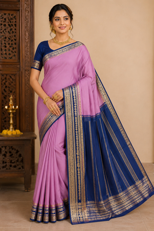 Mysore Silk Saree in Orchid Pink with Royal Navy Blue Zari Border & Pallu