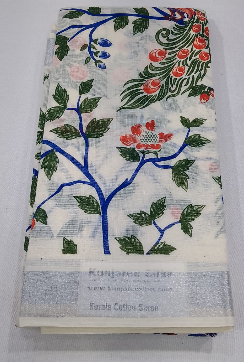 Elegant Kerala Cotton Saree with Peacock & Floral Heritage Print | Silver Kasavu Border
