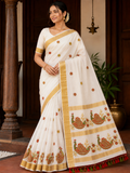 Elegant Kerala Cotton Saree with Peacock Motif & Golden Kasavu Border