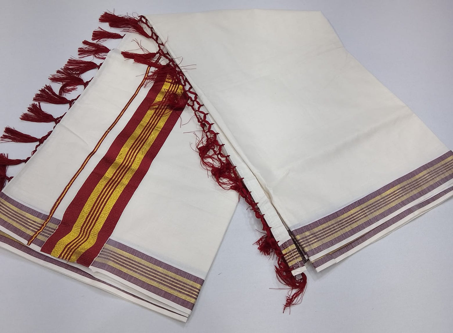 Kerala Cotton Saree with Traditional Maroon Kasavu Border