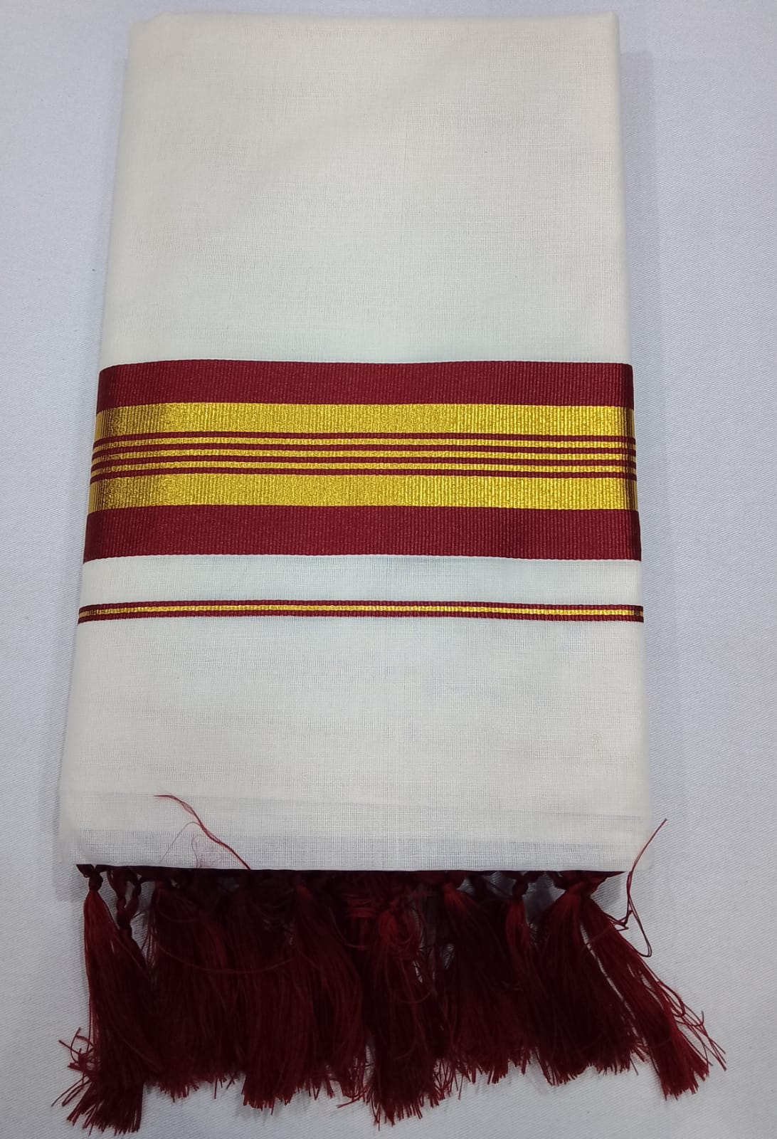 Kerala Cotton Saree with Traditional Maroon Kasavu Border