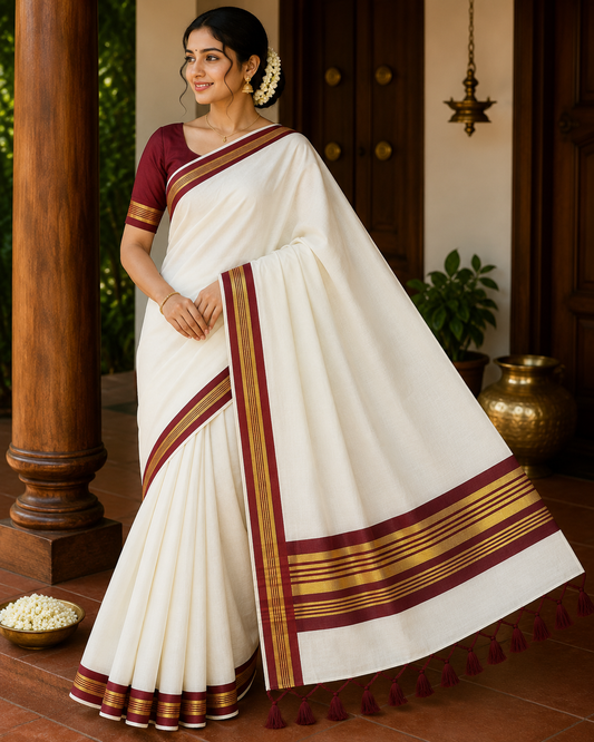 Kerala Cotton Saree with Traditional Maroon Kasavu Border