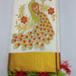 Elegant Kerala Cotton Saree with Peacock Motif & Golden Kasavu Border