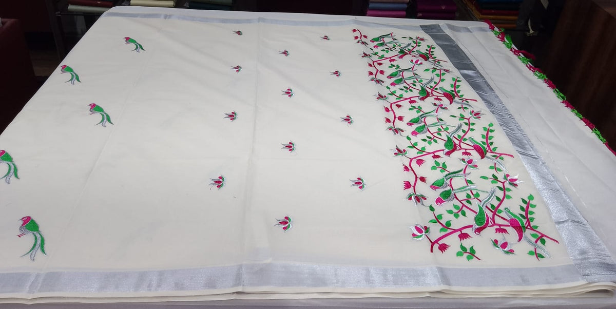 Elegant Kerala Cotton Saree with Embroidered Bird & Floral Vine Design |Silver Kasavu Border