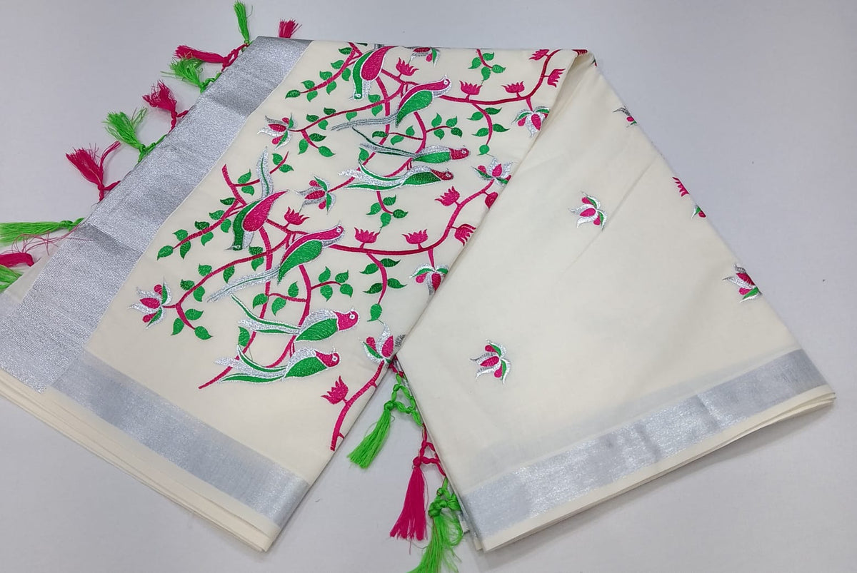 Elegant Kerala Cotton Saree with Embroidered Bird & Floral Vine Design |Silver Kasavu Border