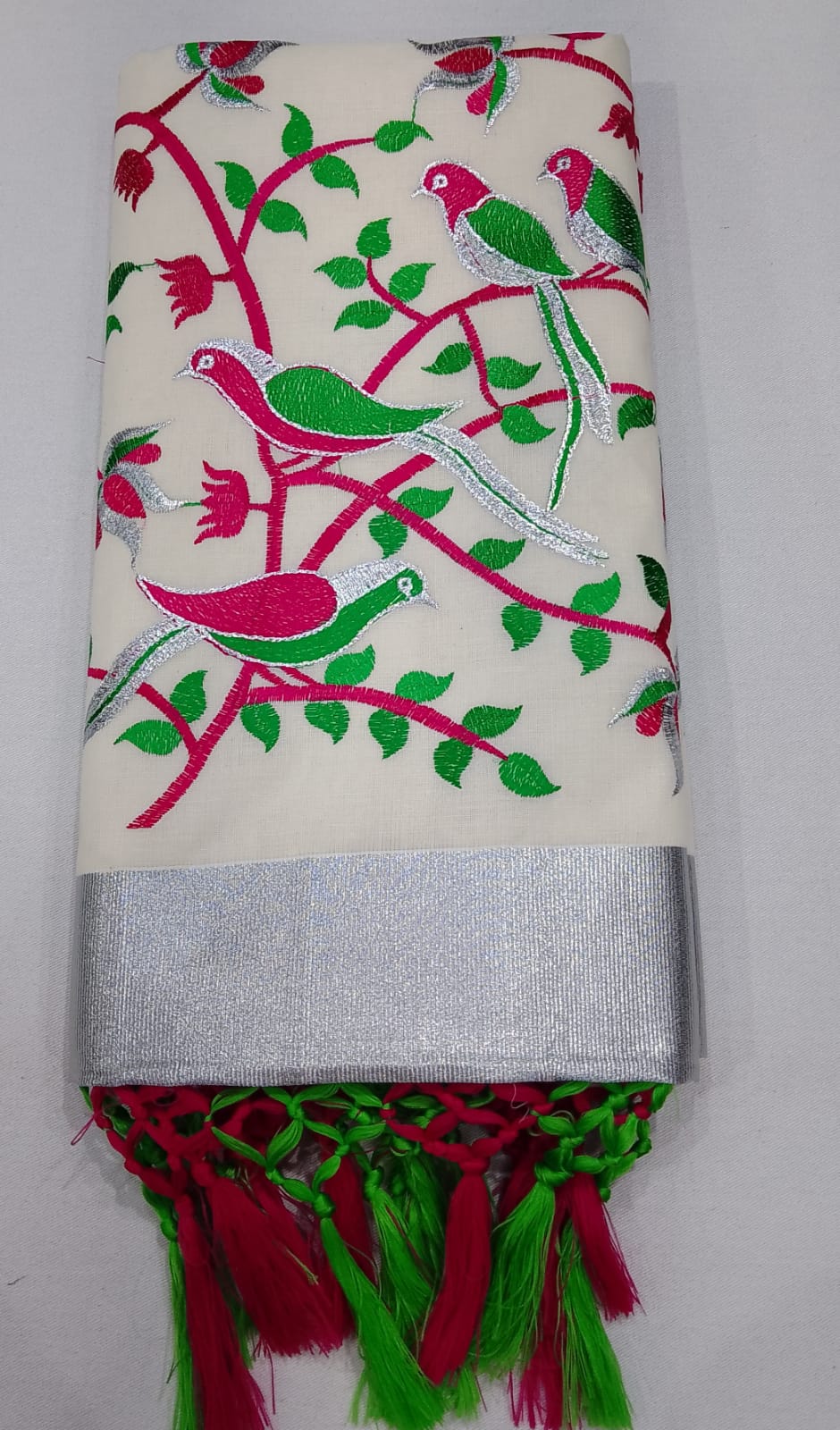 Elegant Kerala Cotton Saree with Embroidered Bird & Floral Vine Design |Silver Kasavu Border