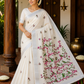 Elegant Kerala Cotton Saree with Embroidered Bird & Floral Vine Design |Silver Kasavu Border