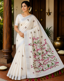 Elegant Kerala Cotton Saree with Embroidered Bird & Floral Vine Design |Silver Kasavu Border