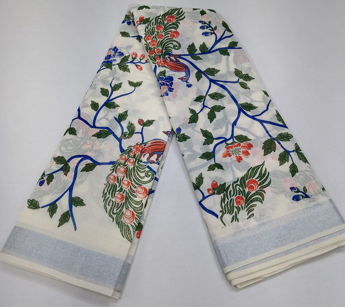 Elegant Kerala Cotton Saree with Peacock & Floral Heritage Print | Silver Kasavu Border