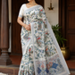 Elegant Kerala Cotton Saree with Peacock & Floral Heritage Print | Silver Kasavu Border