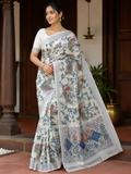 Elegant Kerala Cotton Saree with Peacock & Floral Heritage Print | Silver Kasavu Border