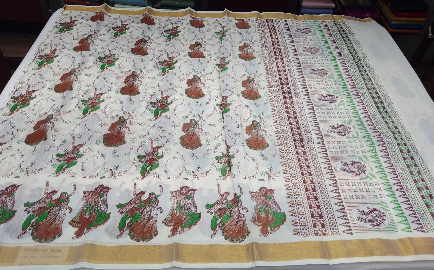 Traditional Kerala Cotton Saree with Folk Dance Print & Golden Kasavu Border