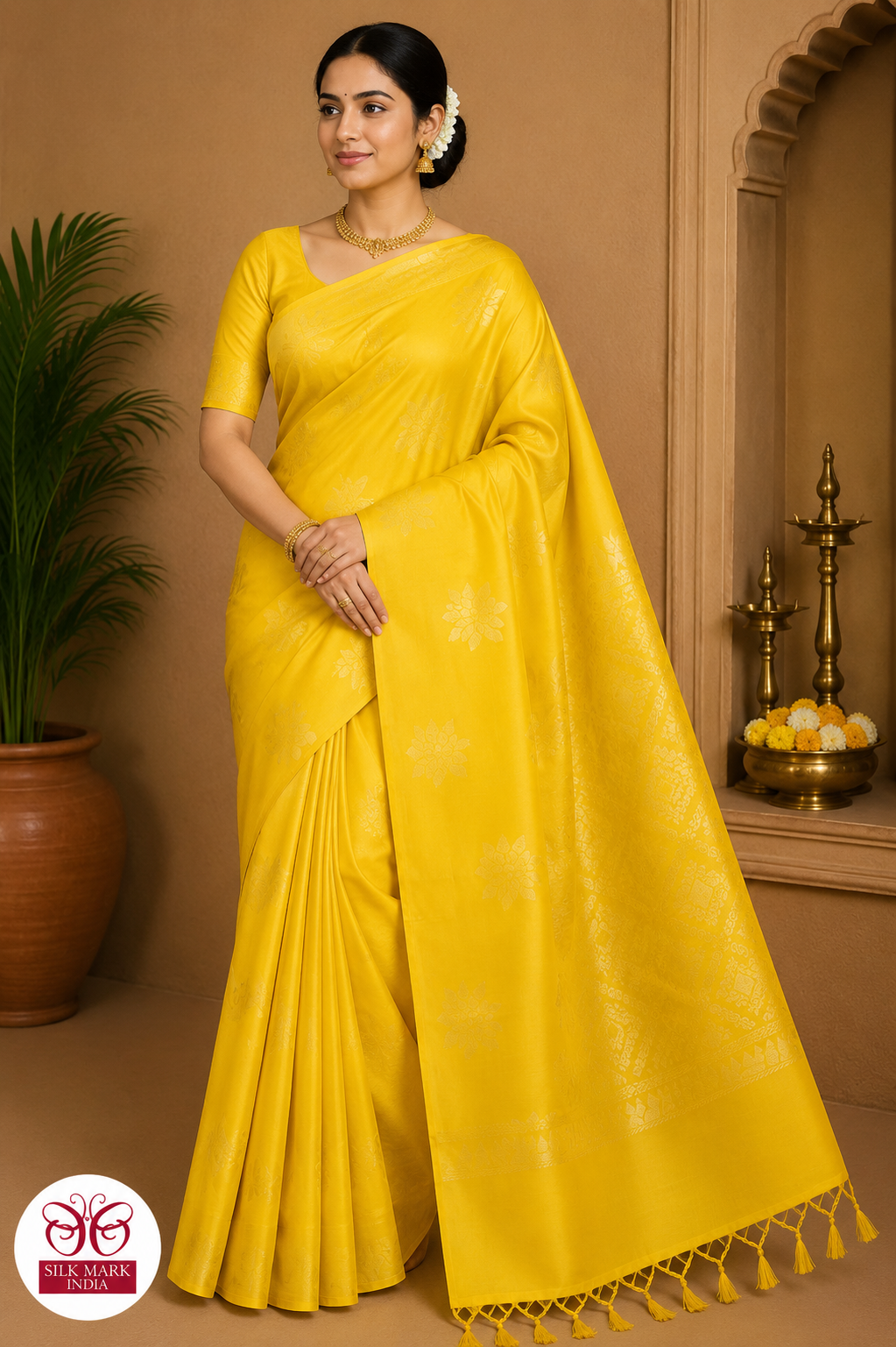 Pure Handloom Soft Silk Borderless Saree – Bright Lemon Yellow Self Zari Weave