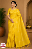 Pure Handloom Soft Silk Borderless Saree – Bright Lemon Yellow Self Zari Weave