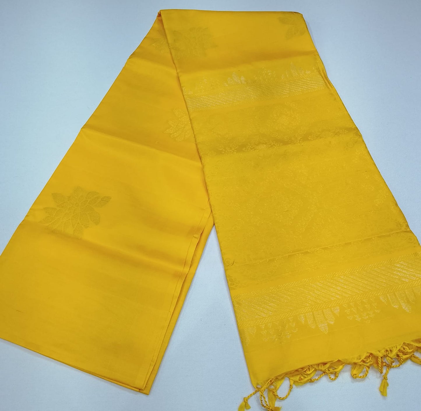 Pure Handloom Soft Silk Borderless Saree – Bright Lemon Yellow Self Zari Weave