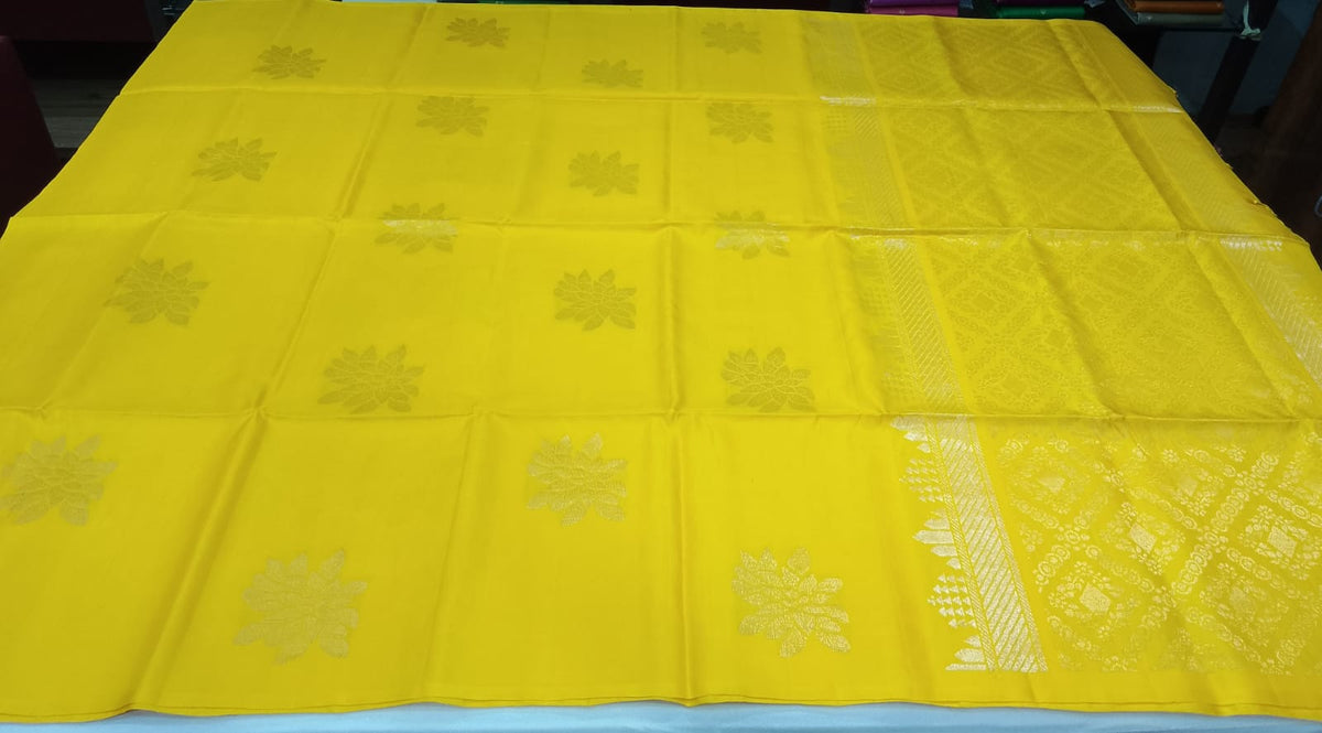 Pure Handloom Soft Silk Borderless Saree – Bright Lemon Yellow Self Zari Weave