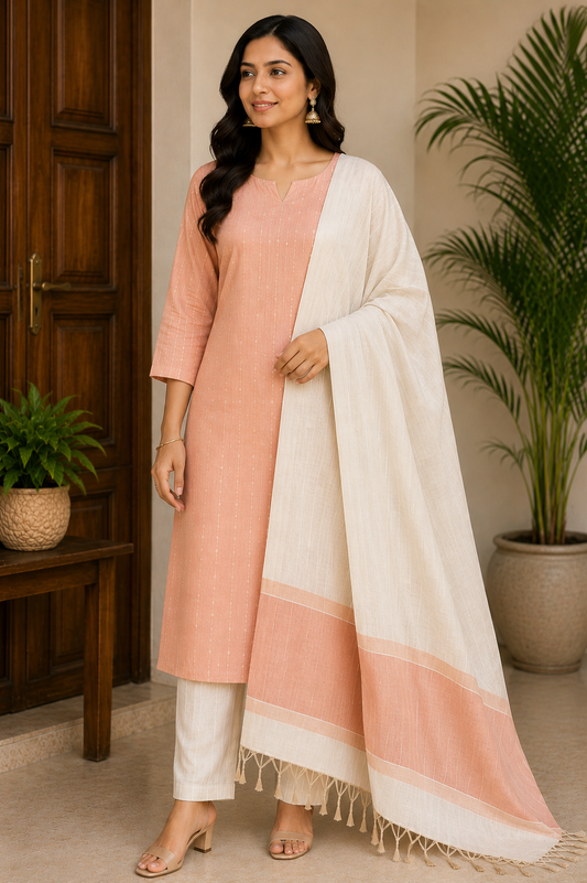 Premium Peach Cotton Silk Unstitched Salwar Suit with Dual-Tone Striped Dupatta