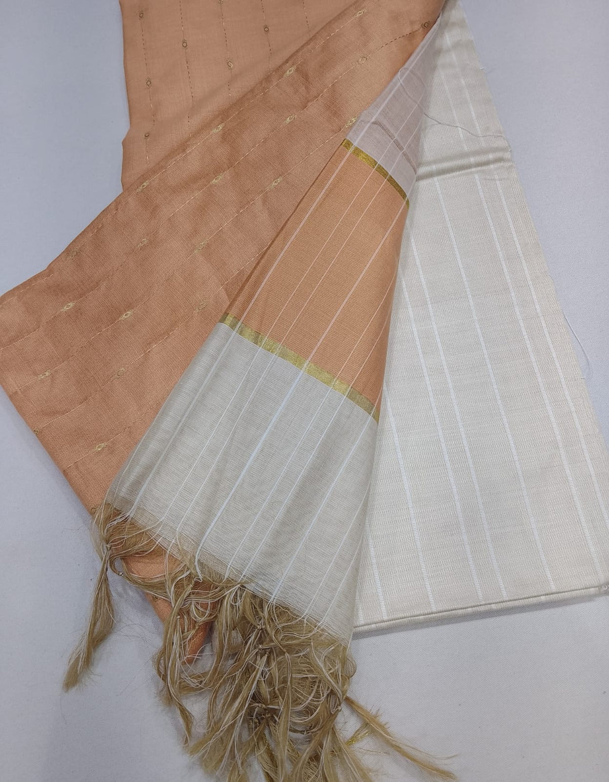 Premium Peach Cotton Silk Unstitched Salwar Suit with Dual-Tone Striped Dupatta