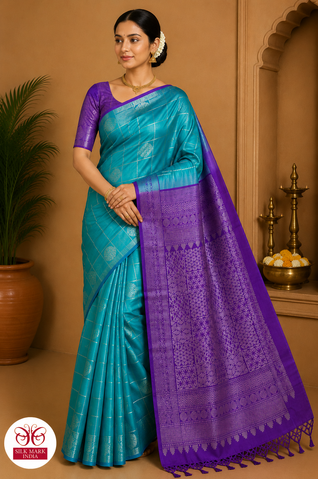 Pure Handloom Soft Silk Saree – Aqua Teal with Royal Purple Rich Pallu