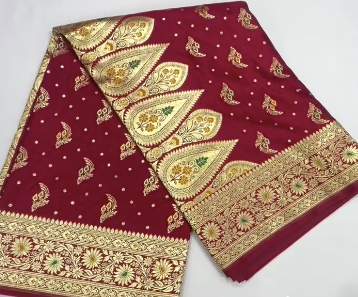 Bridal Maroon Banarasi Silk Saree with Grand Gold Zari Traditional Border