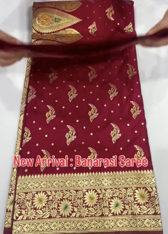 Bridal Maroon Banarasi Silk Saree with Grand Gold Zari Traditional Border